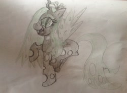 Size: 2094x1536 | Tagged: artist needed, safe, queen chrysalis, changeling, changeling queen, excited, flying, solo, traditional art