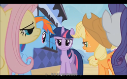 Size: 1024x640 | Tagged: safe, derpibooru import, screencap, applejack, fluttershy, rainbow dash, rarity, twilight sparkle, earth pony, pegasus, pony, unicorn, the crystal empire, youtube caption