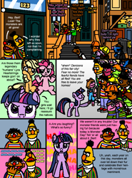 Size: 569x771 | Tagged: safe, artist:hirake! pony key, derpibooru import, applejack, pinkie pie, twilight sparkle, earth pony, pony, bert, cobblestone street, comic, crossover, ernie, my little pony meets sesame street, sesame street, shrug