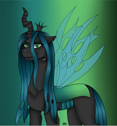 Size: 505x544 | Tagged: safe, artist:madamefurrymamma, queen chrysalis, changeling, changeling queen, female, green eyes, looking at you, smiling, solo