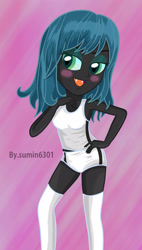 Size: 1184x2086 | Tagged: safe, artist:sumin6301, queen chrysalis, changeling, changeling queen, equestria girls, blushing, clothes, equestria girls-ified, gym uniform, kneesocks, short hair, socks, solo, sports panties, sporty style, tanktop