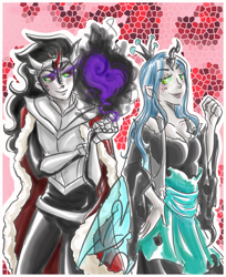 Size: 869x1066 | Tagged: safe, artist:himram, king sombra, queen chrysalis, human, unicorn, horned humanization, humanized, traditional art, winged humanization