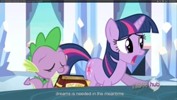 Size: 1920x1080 | Tagged: safe, derpibooru import, screencap, spike, twilight sparkle, dragon, the crystal empire, youtube caption