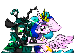 Size: 1600x1130 | Tagged: safe, artist:lovehtf421, princess celestia, queen chrysalis, alicorn, changeling, changeling queen, pony, floppy ears, grin, hoofwrestle, impossibly large ears, simple background, spread wings