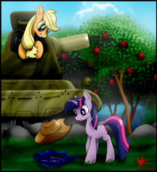 Size: 2920x3200 | Tagged: safe, artist:unitoone, derpibooru import, applejack, twilight sparkle, earth pony, pony, tank (vehicle)