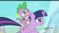 Size: 1920x1080 | Tagged: safe, derpibooru import, screencap, spike, twilight sparkle, dragon, pony, the crystal empire, dragons riding ponies, riding, youtube caption