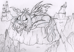 Size: 3175x2233 | Tagged: safe, artist:dgcdvaras, queen chrysalis, changeling, changeling queen, candle, cave, eyes closed, monochrome, prone, rock, sketch, sleeping, solo