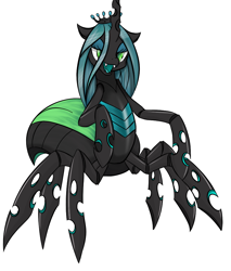 Size: 872x1024 | Tagged: safe, artist:tebasaki, color edit, edit, queen chrysalis, changeling, changeling queen, drider, monster pony, original species, spider, spiderling, spiderpony, colored, crown, female, jewelry, lidded eyes, open mouth, regalia, simple background, solo, species swap, white background