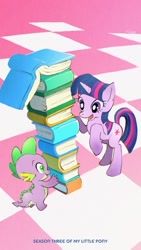 Size: 394x700 | Tagged: safe, artist:kurieto, derpibooru import, spike, twilight sparkle, dragon, book, countdown, pixiv