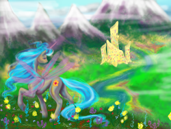 Size: 1600x1200 | Tagged: safe, artist:cathykitcat, queen chrysalis, changeling, changeling queen, flower, hive, mountain, raised hoof, river, smiling, solo