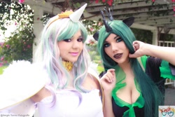 Size: 1600x1067 | Tagged: safe, artist:dashcosplay, princess celestia, queen chrysalis, human, cleavage, clothes, cosplay, dress, female, irl, irl human, photo