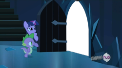 Size: 854x480 | Tagged: safe, derpibooru import, edit, edited screencap, screencap, spike, twilight sparkle, dragon, pony, unicorn, the crystal empire, door, duo, exploitable, exploitable meme, female, horn, hub logo, male, mare, meme, multicolored mane, nightmare wall, open mouth, purple coat, stairs, template, the scary door