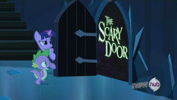 Size: 854x480 | Tagged: safe, derpibooru import, spike, twilight sparkle, dragon, pony, unicorn, door, exploitable meme, female, futurama, horn, hub logo, male, mare, meme, multicolored mane, open mouth, purple coat, stairs, the scary door