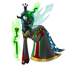 Size: 899x850 | Tagged: safe, artist:cromachy, queen chrysalis, changeling, changeling queen, alternate costumes, clothes, dress, scepter, solo