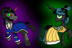 Size: 1500x1000 | Tagged: safe, artist:terezas474747, king sombra, queen chrysalis, changeling, changeling queen, pony, unicorn, black mane, male, sharp teeth, sombra eyes, stallion