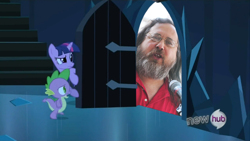 Size: 854x480 | Tagged: safe, derpibooru import, spike, twilight sparkle, dragon, pony, unicorn, door, exploitable meme, female, horn, hub logo, male, mare, meme, multicolored mane, open mouth, photo, purple coat, richard stallman, stairs, the scary door