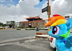 Size: 1024x731 | Tagged: safe, artist:nekokevin, rainbow dash, pegasus, pony, car, cloud, female, irl, mare, photo, plushie, scooter, solo, spread wings, taiwan, wings