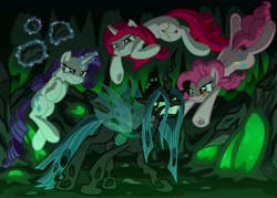 Size: 3500x2500 | Tagged: safe, artist:template93, pinkie pie, queen chrysalis, rarity, oc, changeling, changeling queen, earth pony, pony, unicorn, cave, commission, fight, magic, rock, underhoof