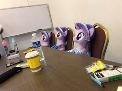 Size: 2048x1536 | Tagged: safe, artist:nekokevin, starlight glimmer, pony, unicorn, series:nekokevin's glimmy, chair, clothes, coffee, desk, female, irl, mare, multeity, photo, plushie, self ponidox, sitting, smiling, socks, starlight cluster, striped socks, triality, trio, water bottle