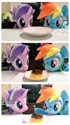 Size: 576x1024 | Tagged: safe, artist:nekokevin, rainbow dash, starlight glimmer, pegasus, pony, unicorn, series:nekokevin's glimmy, duo, female, flan, food, holding, irl, looking at something, mare, open mouth, photo, plate, plushie, pudding, smiling, spoon, wing hands