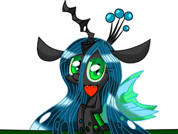 Size: 1600x1200 | Tagged: safe, artist:lovehtf421, queen chrysalis, changeling, changeling queen, :3, cute, cutealis, fangs, heart, looking at you, mouth hold, simple background, smiling, solo