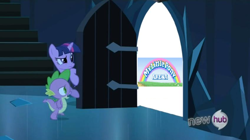 Size: 848x474 | Tagged: safe, derpibooru import, spike, twilight sparkle, dragon, pony, unicorn, door, exploitable meme, female, horn, hub logo, male, mare, meme, mlp arena, multicolored mane, open mouth, pony arena, purple coat, stairs, the scary door