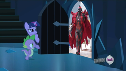 Size: 854x480 | Tagged: safe, derpibooru import, spike, twilight sparkle, dragon, pony, unicorn, door, exploitable meme, fabulous, female, horn, hub logo, kaiser belial, male, mare, meme, multicolored mane, open mouth, purple coat, stairs, the scary door, ultraman, ultraman belial