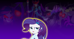 Size: 1024x544 | Tagged: safe, artist:digitbrony, discord, king sombra, queen chrysalis, rarity, sunset shimmer, changeling, changeling queen, equestria girls, demigra, dragon ball xenoverse, dragon ball z, glowing eyes, red eyes