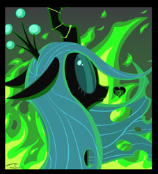 Size: 3507x3861 | Tagged: dead source, safe, artist:insomniacovrlrd, queen chrysalis, changeling, changeling queen, bust, eyes closed, green fire, heart, heartbreak, portrait, solo, wallpaper