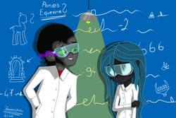 Size: 1500x1000 | Tagged: safe, artist:terezas474747, king sombra, queen chrysalis, changeling, changeling queen, equestria girls, 666, blushing, chalkboard, chrysombra, clothes, embarrassed, equation, equestria girls-ified, eyes on the prize, female, goggles, lab coat, male, math, shipping, straight