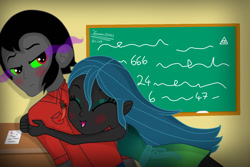 Size: 1500x1000 | Tagged: safe, artist:terezas474747, king sombra, queen chrysalis, changeling, changeling queen, equestria girls, blushing, chalkboard, chrysombra, equestria girls-ified, female, glomp, happy, hug, male, shipping, straight