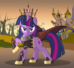 Size: 4176x3792 | Tagged: safe, artist:zelc-face, derpibooru import, twilight sparkle, unicorn twilight, unicorn, canterlot, cape, clothes, crown, evil, jewelry, older, regalia, ruins, scowl, tree, tyrant sparkle, waterfall