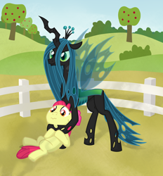 Size: 2600x2800 | Tagged: safe, artist:moemneop, apple bloom, queen chrysalis, changeling, changeling queen, female, horn, hostage