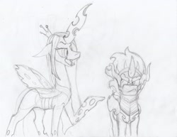 Size: 3300x2550 | Tagged: safe, artist:gerbsterpers, king sombra, queen chrysalis, alicorn, changeling, changeling queen, pony, annoyed, lineart, monochrome, open mouth, smiling, sombra eyes, traditional art