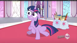 Size: 960x540 | Tagged: safe, derpibooru import, edit, edited screencap, screencap, twilight sparkle, the crystal empire, spoiler:s03, bag, floppy ears, hub logo, saddle bag, sitting, solo, special eyes, throne room