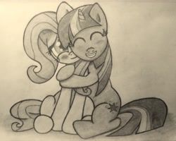 Size: 3556x2846 | Tagged: safe, artist:neonblonde1138, derpibooru import, fluttershy, twilight sparkle, pegasus, pony, blushing, female, hug, lesbian, shipping, traditional art, twishy