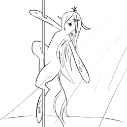 Size: 900x900 | Tagged: safe, artist:glacierclear, queen chrysalis, changeling, changeling queen, bedroom eyes, cheeselegs, fangs, female, grayscale, hair over one eye, missing horn, monochrome, open mouth, pole dancing, smiling, solo