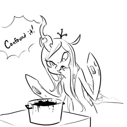 Size: 900x900 | Tagged: safe, artist:glacierclear, queen chrysalis, changeling, changeling queen, cooking, cooking pot, monochrome, solo