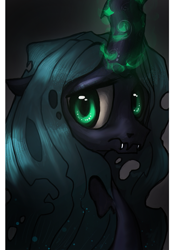 Size: 543x800 | Tagged: dead source, safe, artist:zilvtree-zauani, queen chrysalis, changeling, changeling queen, magic, sad, solo