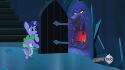 Size: 854x480 | Tagged: safe, derpibooru import, spike, twilight sparkle, dragon, pony, unicorn, aladdin, cave of wonders, disney, door, exploitable meme, female, horn, hub logo, male, mare, meme, multicolored mane, nightmare fuel, open mouth, purple coat, stairs, the scary door