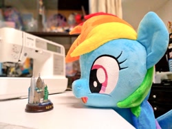 Size: 1024x768 | Tagged: safe, artist:nekokevin, rainbow dash, pegasus, pony, cute, dashabetes, female, irl, looking at something, mare, new york, new york city, open mouth, photo, plushie, sewing machine, smiling, solo, stare