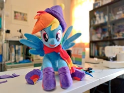 Size: 1024x768 | Tagged: safe, artist:nekokevin, rainbow dash, pegasus, pony, clothes, cute, dashabetes, female, hat, irl, looking at you, mare, open mouth, photo, plushie, scarf, sitting, smiling, socks, solo, spread wings, wings, winter outfit