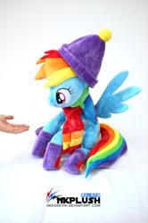 Size: 502x756 | Tagged: safe, artist:nekokevin, rainbow dash, human, pegasus, pony, clothes, cute, dashabetes, female, hand, hat, irl, looking at something, mare, offscreen character, open mouth, photo, plushie, scarf, simple background, smiling, socks, solo, spread wings, watermark, white background, wings, winter outfit