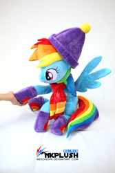 Size: 3456x5184 | Tagged: safe, artist:nekokevin, rainbow dash, human, pegasus, pony, clothes, cute, dashabetes, female, hand, hat, holding hooves, irl, mare, offscreen character, open mouth, photo, plushie, scarf, simple background, smiling, socks, solo, spread wings, watermark, white background, wings, winter outfit