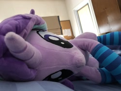 Size: 2048x1536 | Tagged: safe, artist:nekokevin, starlight glimmer, pony, unicorn, series:nekokevin's glimmy, bed, clothes, female, irl, lying down, mare, photo, pillow, plushie, socks, solo, striped socks