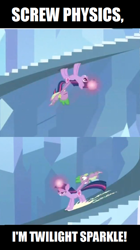 Size: 500x895 | Tagged: safe, derpibooru import, edit, edited screencap, screencap, spike, twilight sparkle, dragon, the crystal empire, duo, gravity spell, magic, physics, reverse gravity spell, sliding, stairs