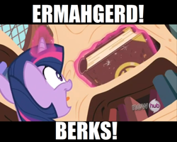 Size: 500x399 | Tagged: safe, derpibooru import, edit, edited screencap, screencap, twilight sparkle, the crystal empire, berk, book, ermahgerd, giant fucking book of magic and shit, golden oaks library, hub logo, image macro, solo, that pony sure does love books