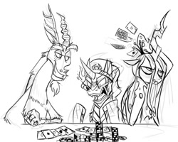 Size: 865x691 | Tagged: safe, artist:arael8879, discord, king sombra, queen chrysalis, changeling, changeling queen, pony, unicorn, monochrome