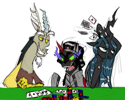 Size: 865x691 | Tagged: safe, artist:arael8879, discord, king sombra, queen chrysalis, changeling, changeling queen, pony, unicorn, poker