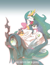 Size: 800x1038 | Tagged: safe, artist:kolshica, princess celestia, queen chrysalis, oc, alicorn, changeling, changeling queen, pony, crying